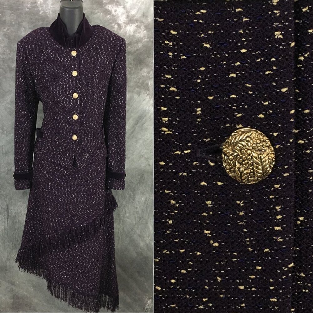 BEAUTIFUL St John collection knit purple multi jacket skirt suit size 8 10